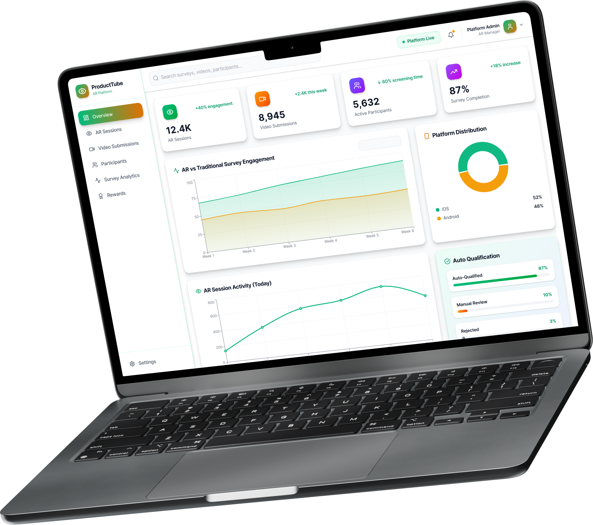 Interactive survey dashboard displaying user submissions, AR session analytics, participant qualification data, and video review insights